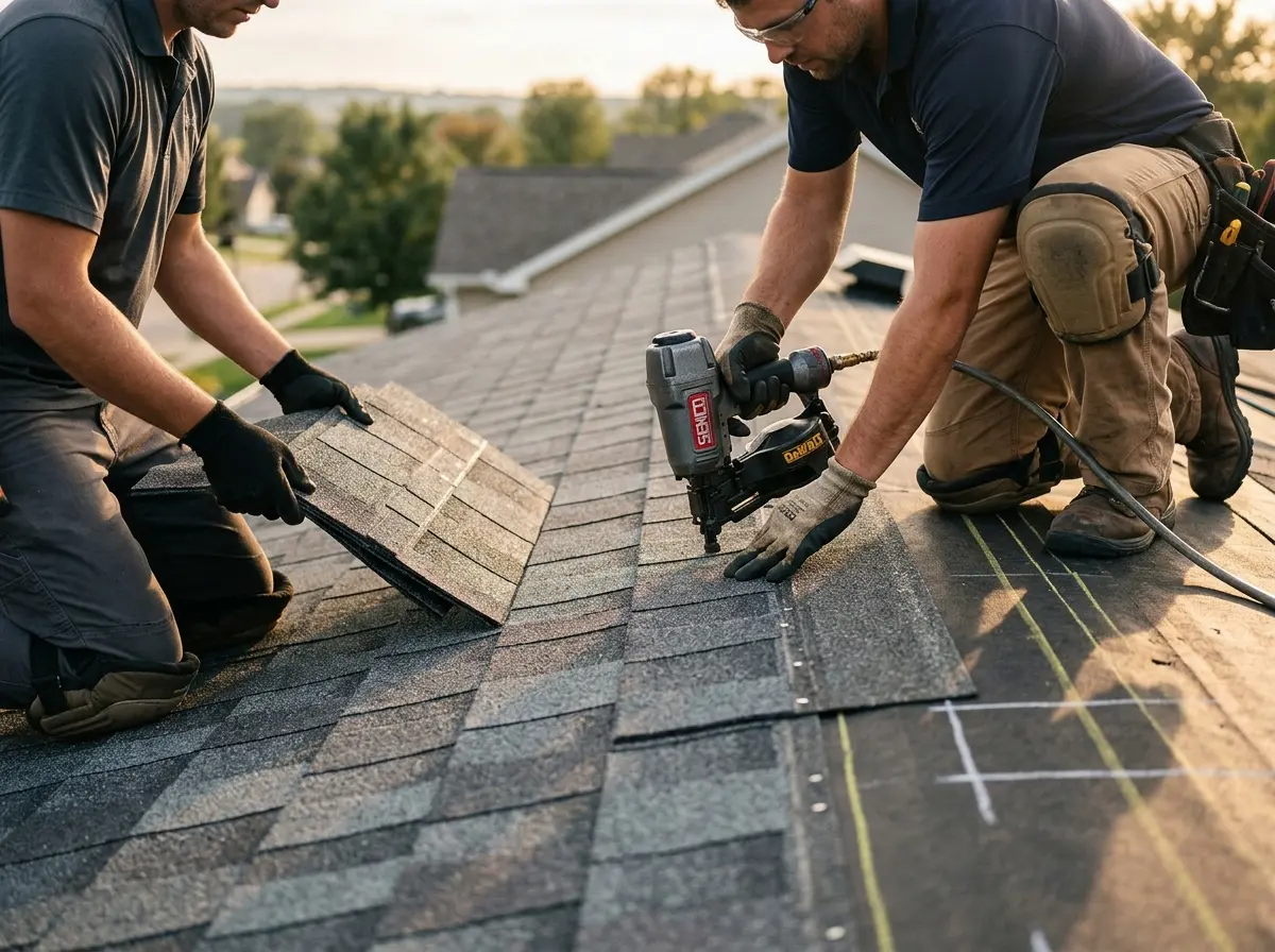 Professional roofer working on a residential roof in Kiryas Joel